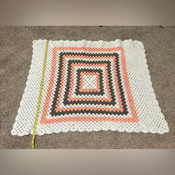 Handmade Crochet Square Throw Blanket in White, Coral & Gray - Picture 2 of 2